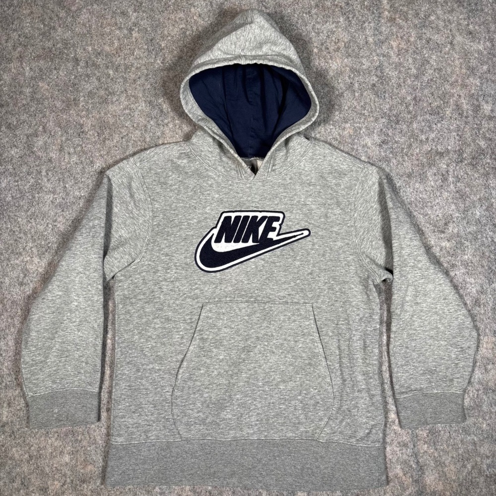 Nike Hoodie Boys Small S Gray Pullover Chenille Logo Embroidered Stitched